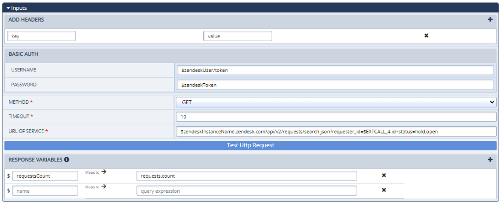 The Inputs section of the Configurations Panel for an External Web Call action